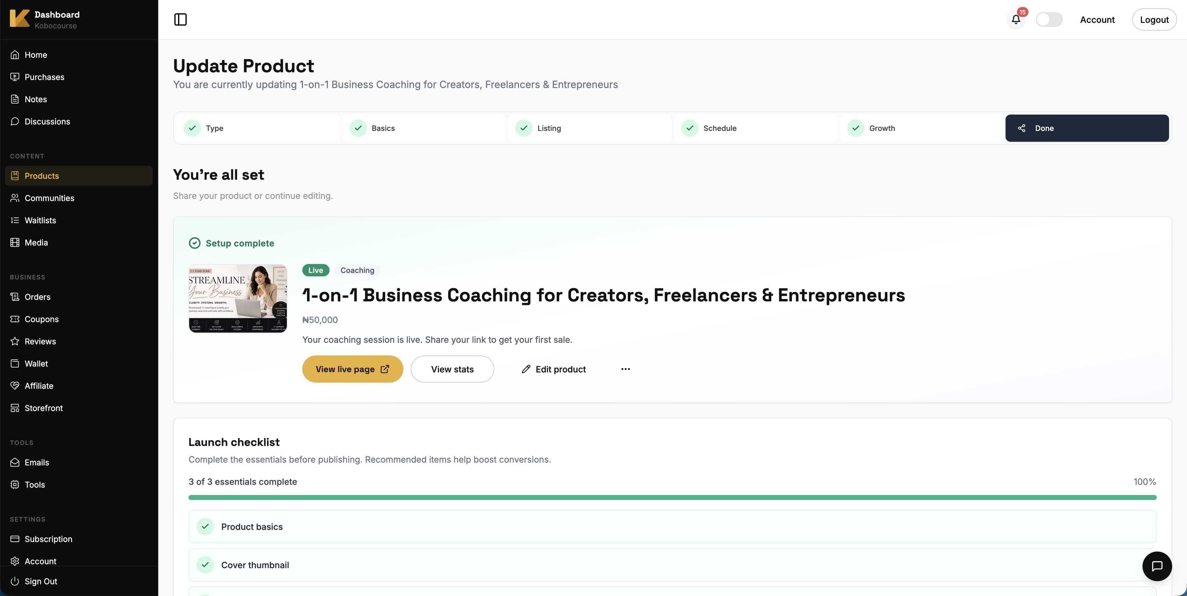 Coaching product published with share link