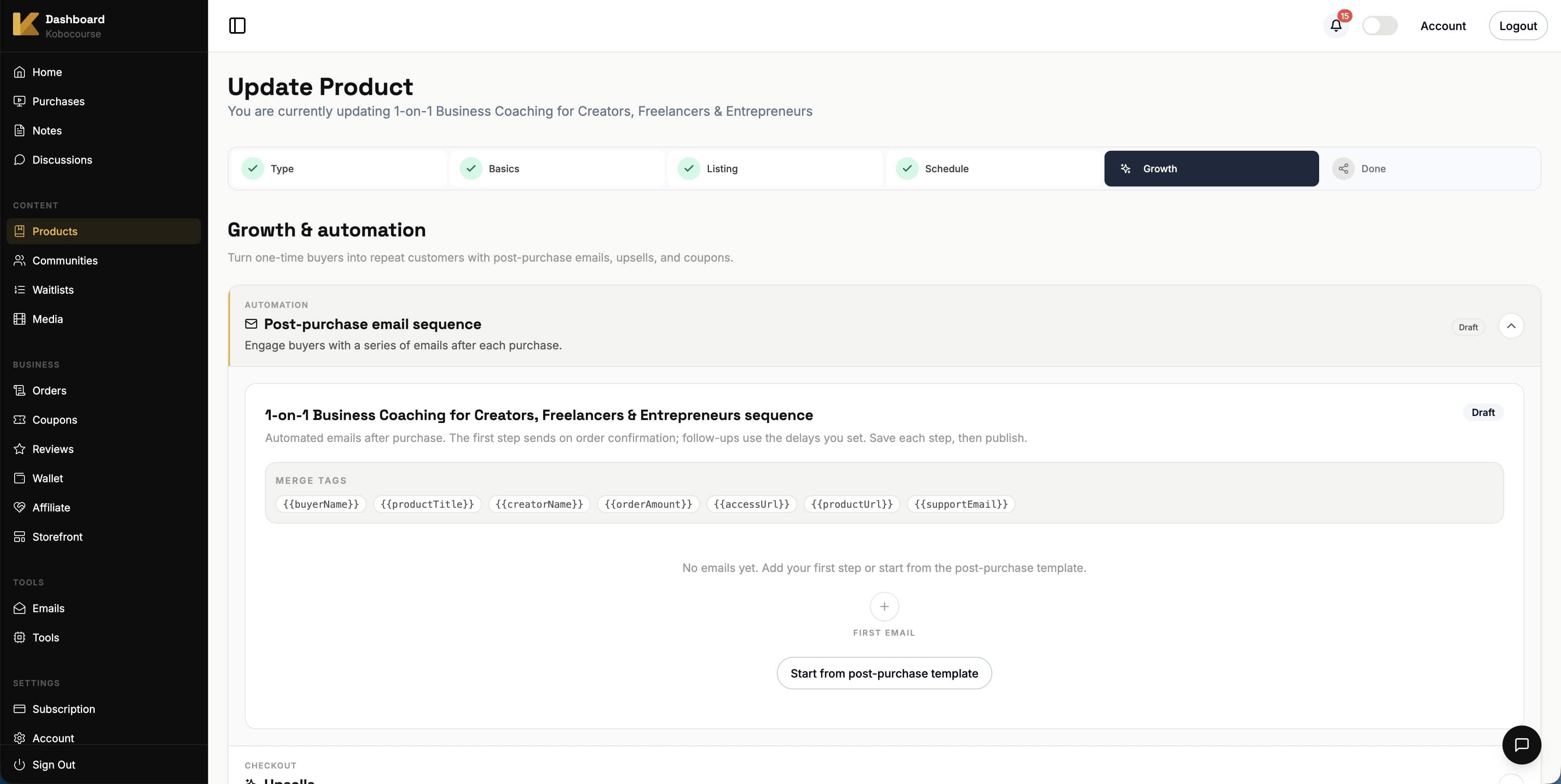 Coaching growth step with upsells and coupons