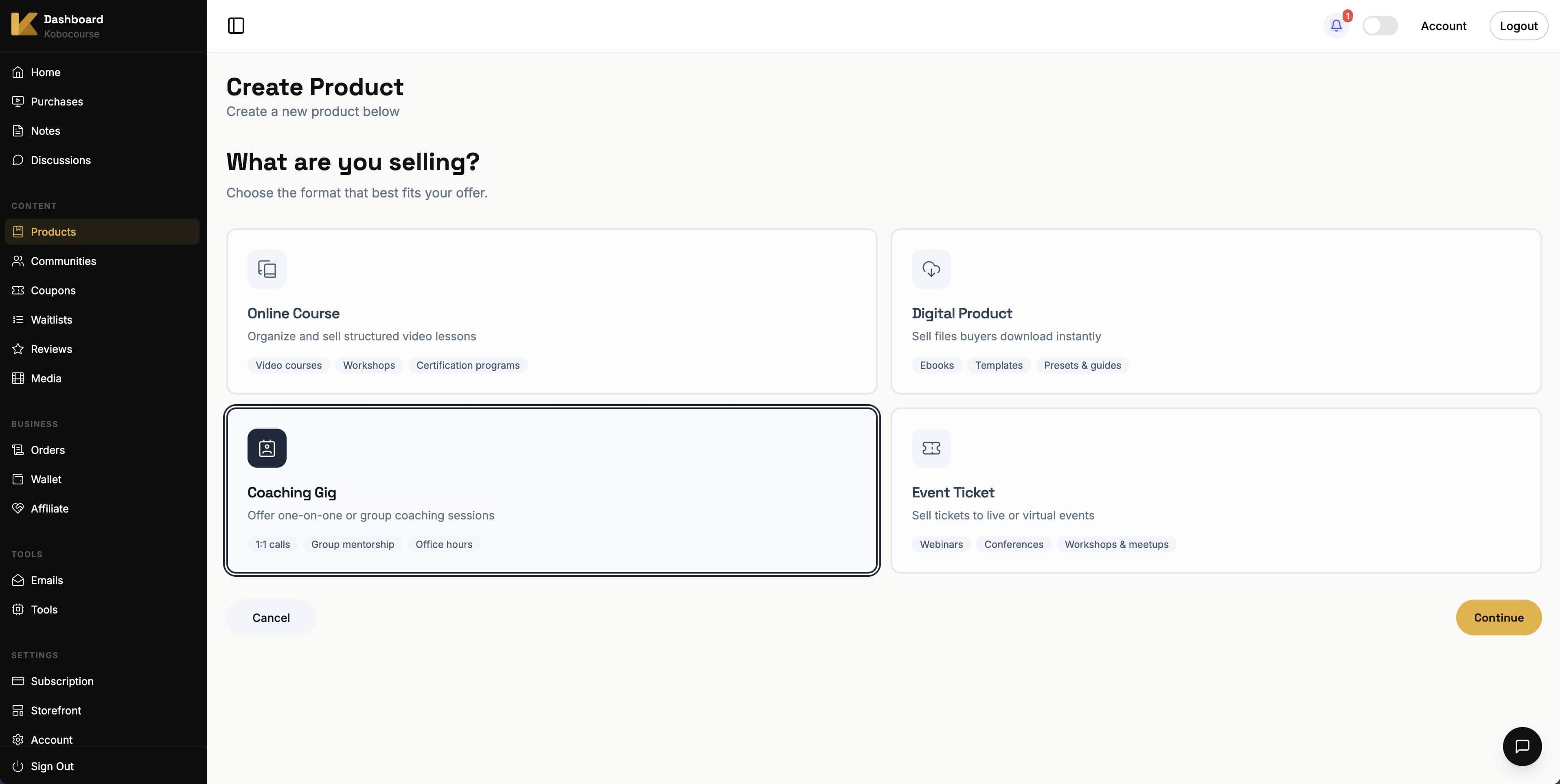 Selecting coaching product type