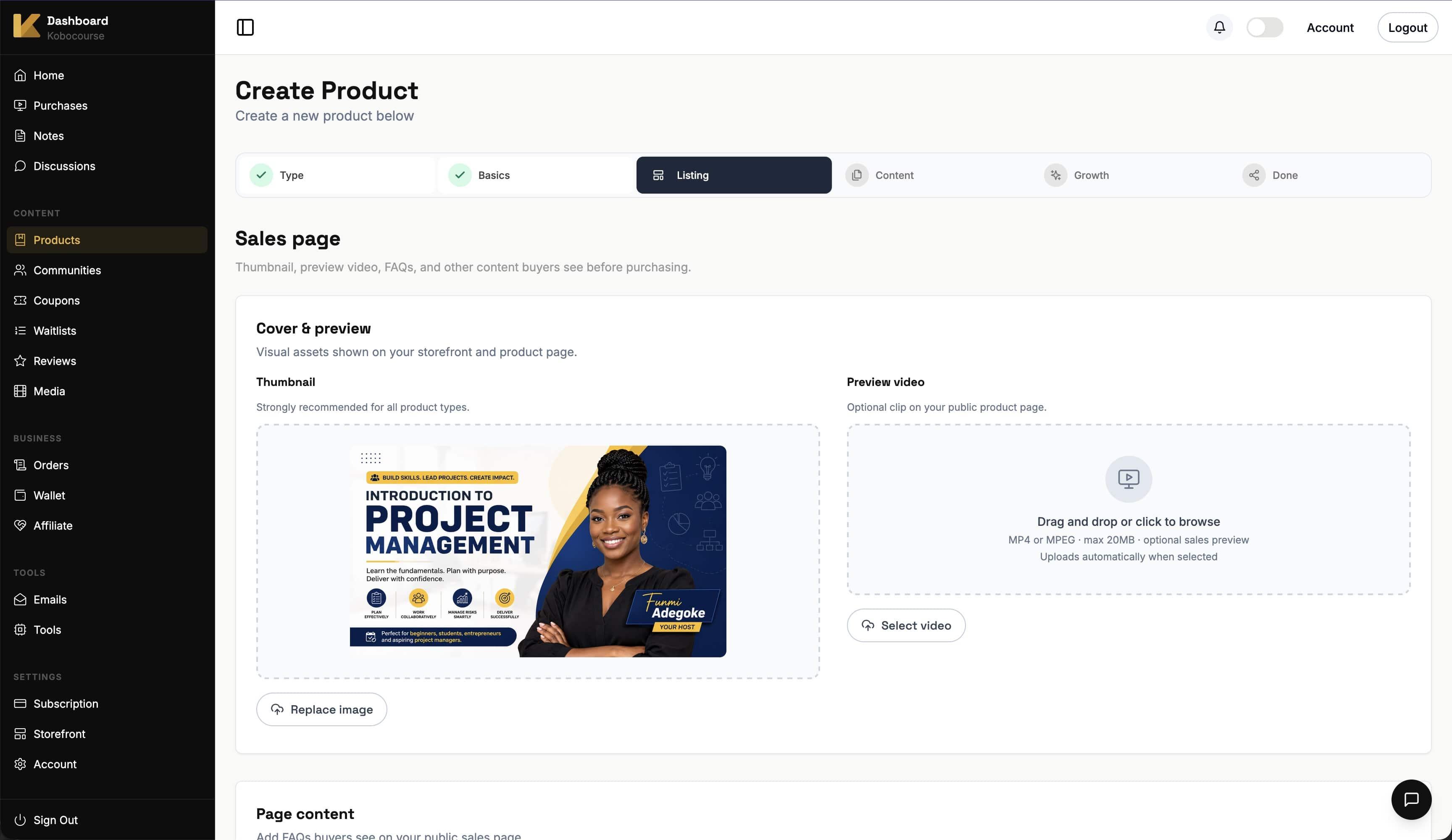 Sales page media upload for thumbnail and preview video