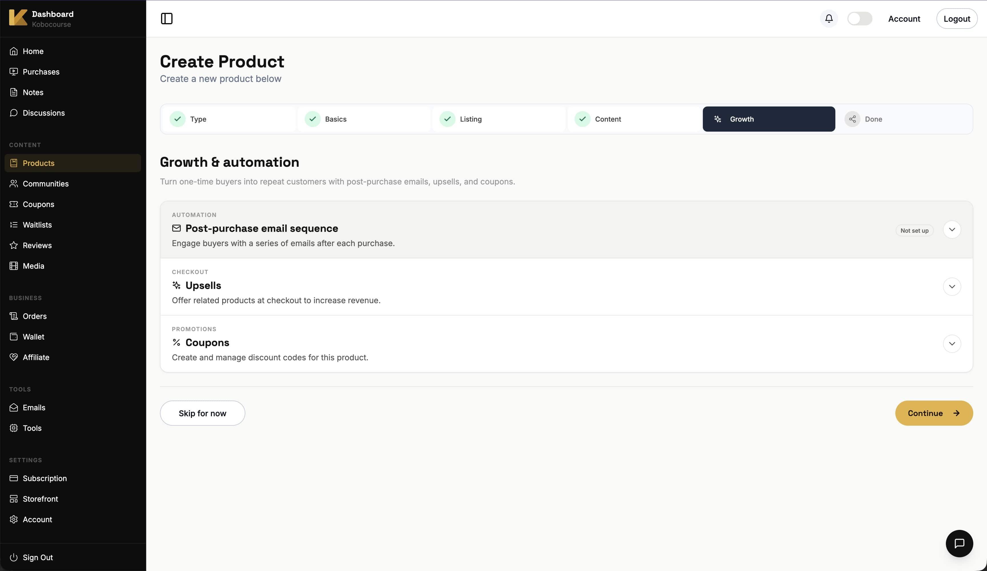 Growth step with upsells and coupons