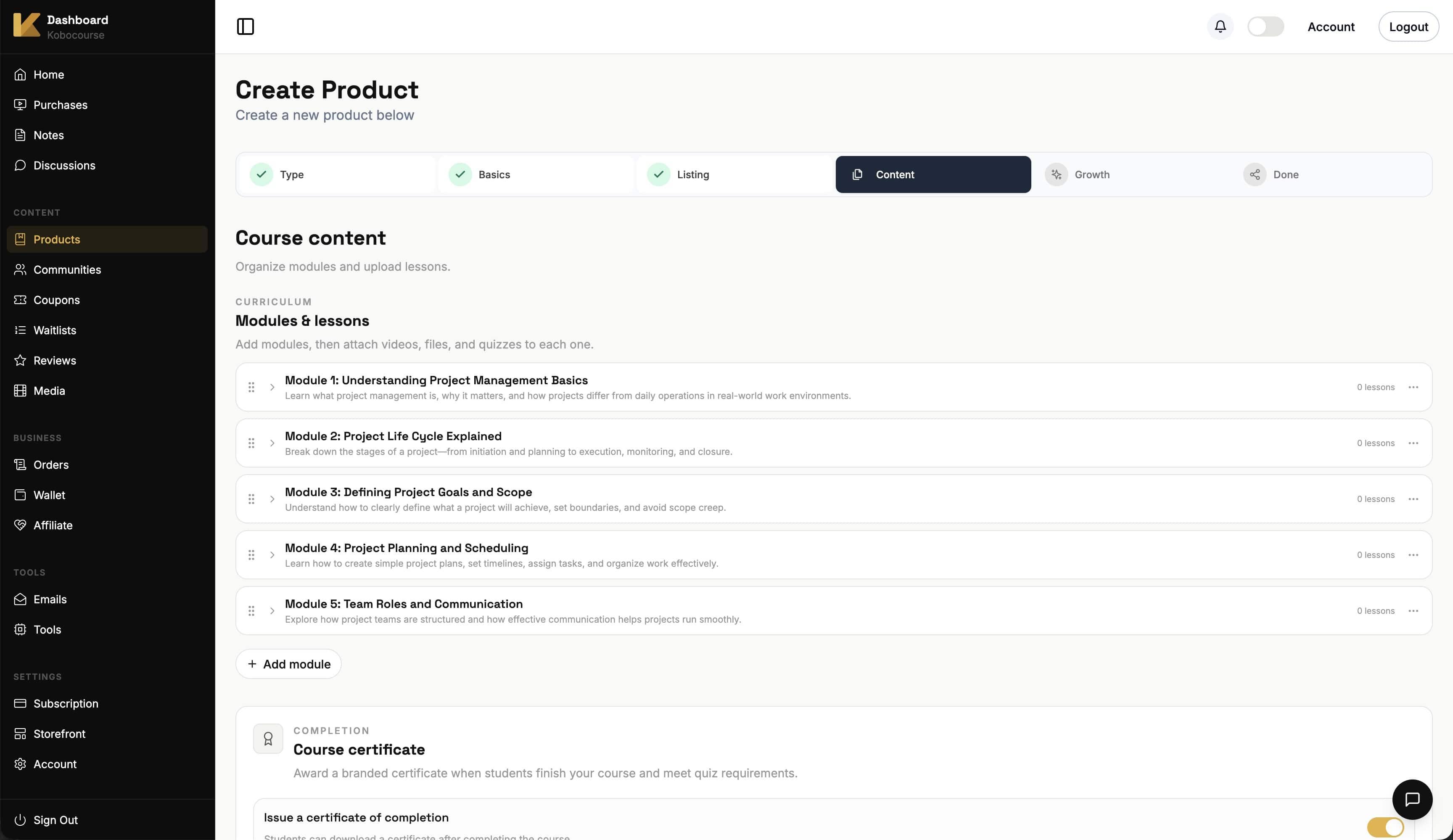 Course modules and lesson upload interface