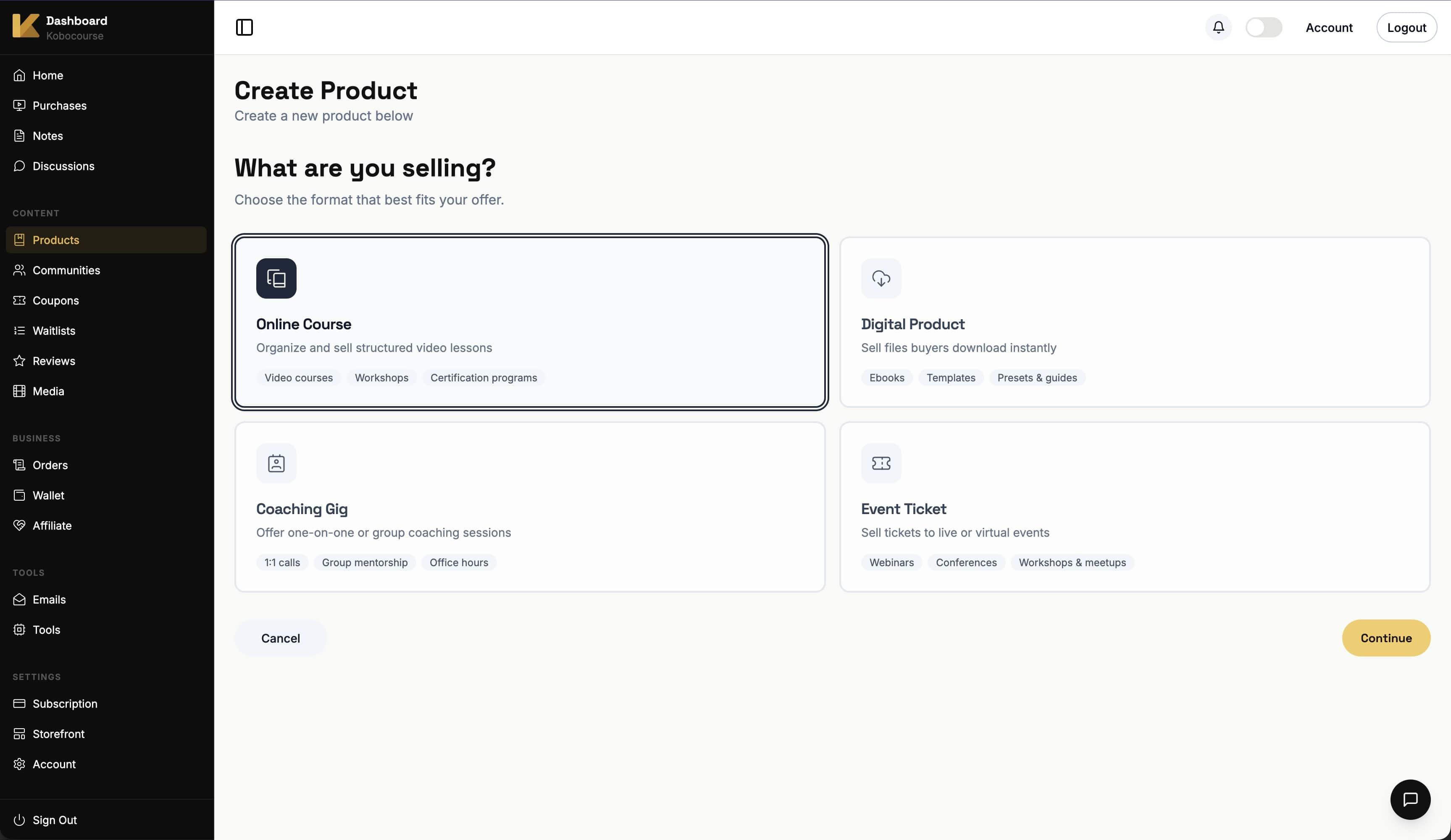 Choosing Online Course as the product type