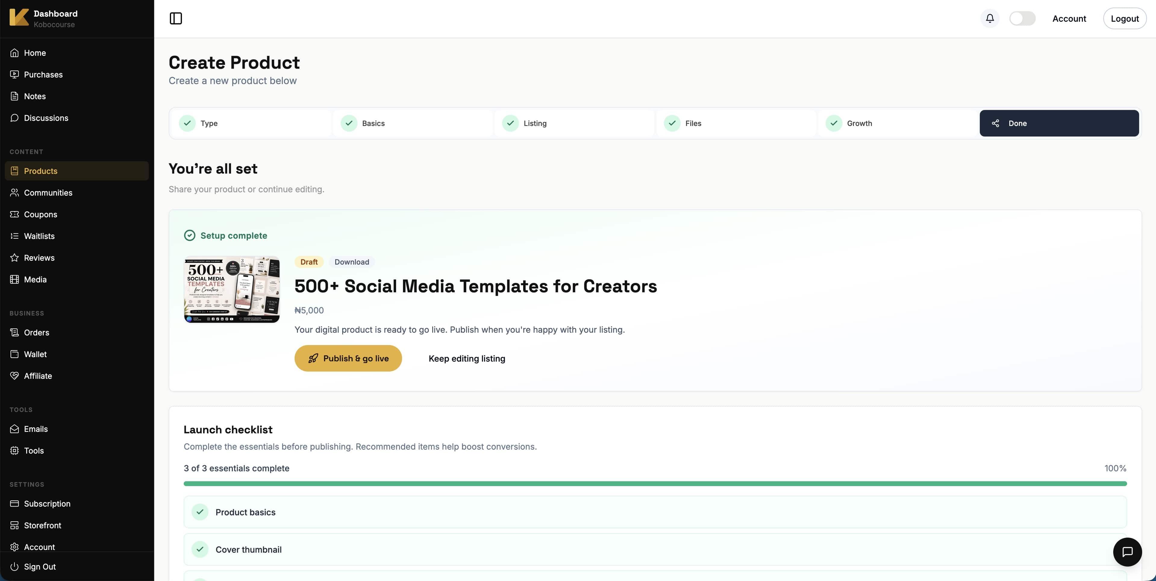 Published download product share screen