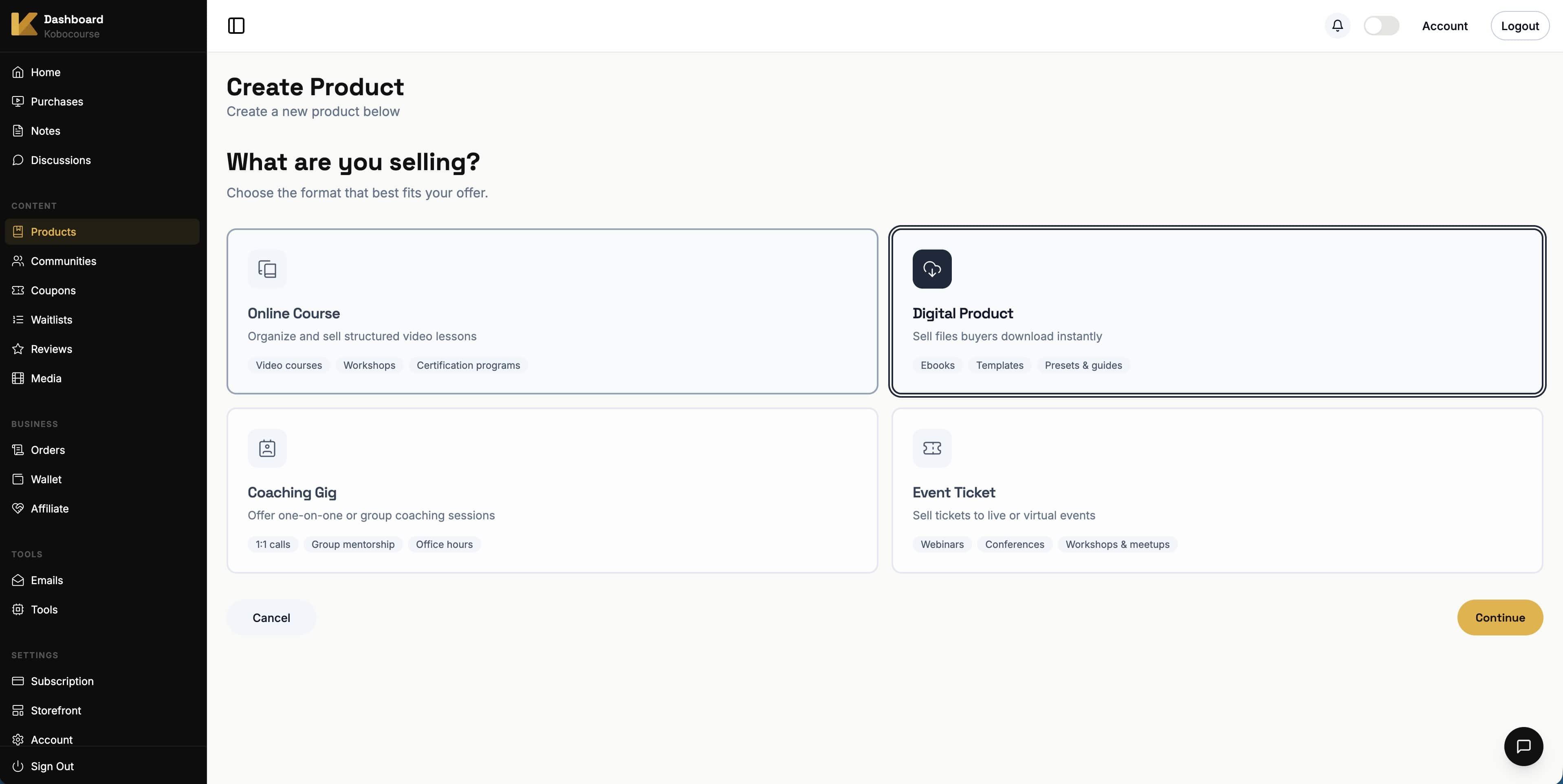 Selecting Digital Product type