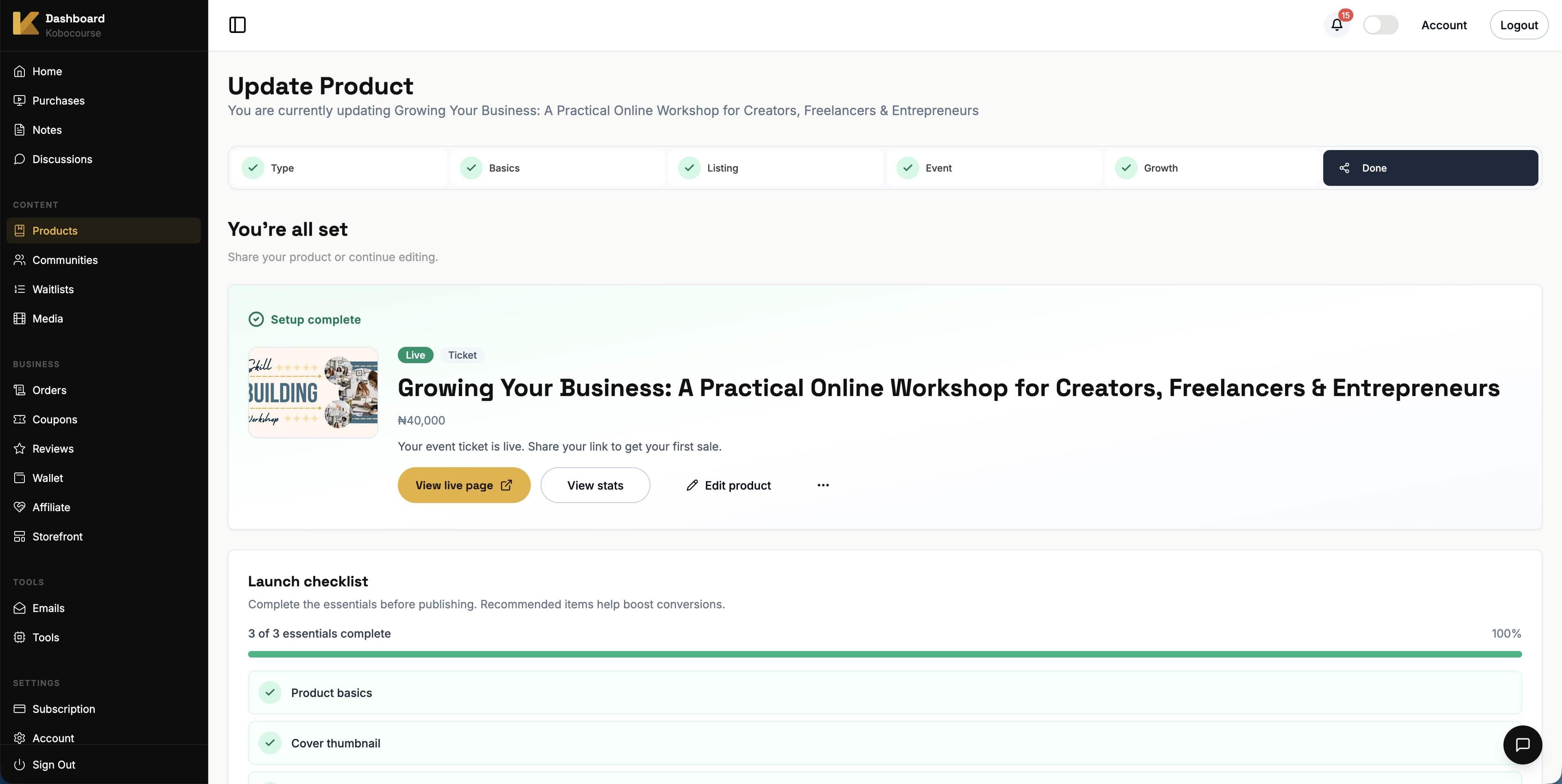 Published event ticket product with share link