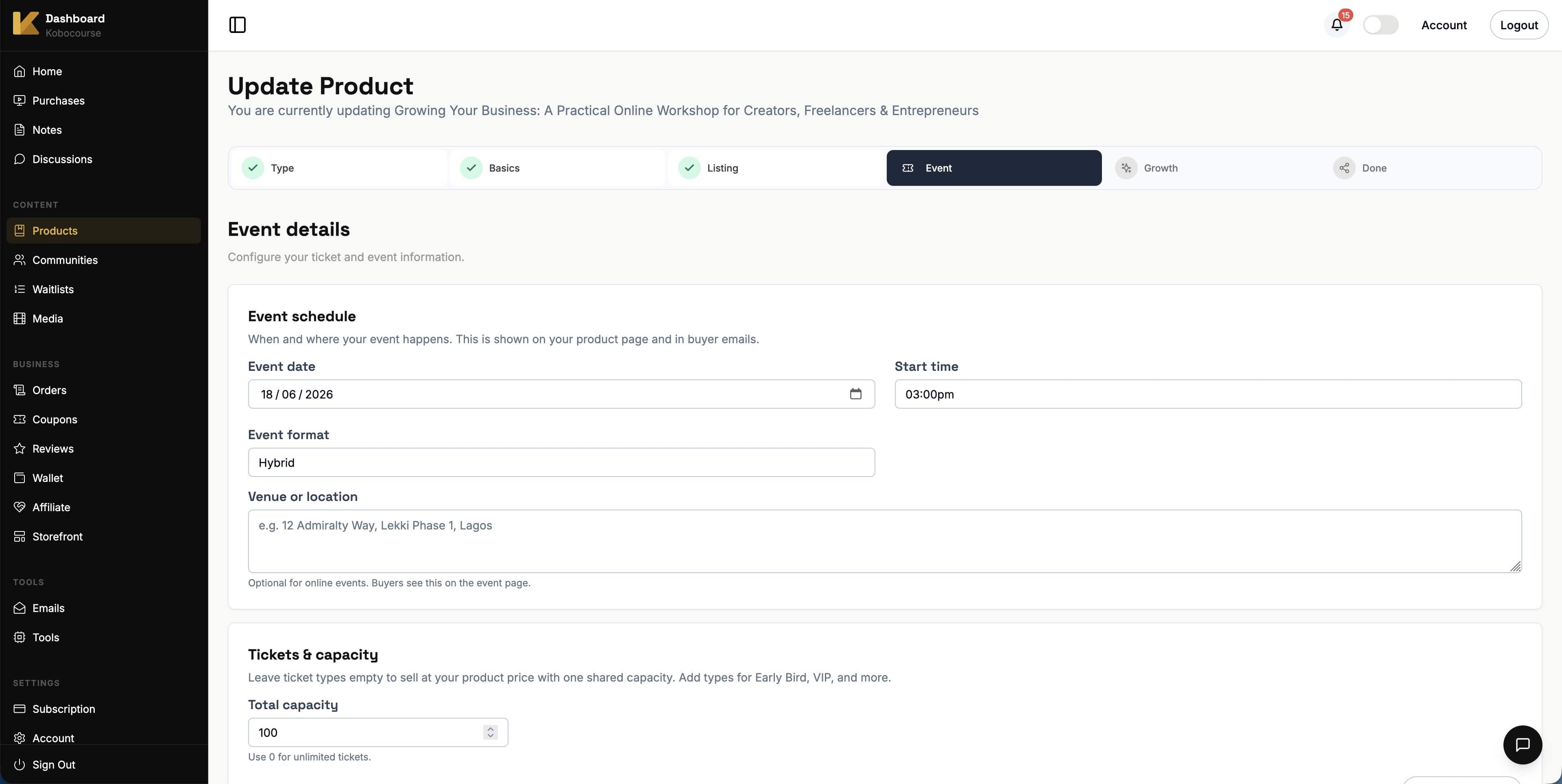 Event date, venue, and ticket configuration