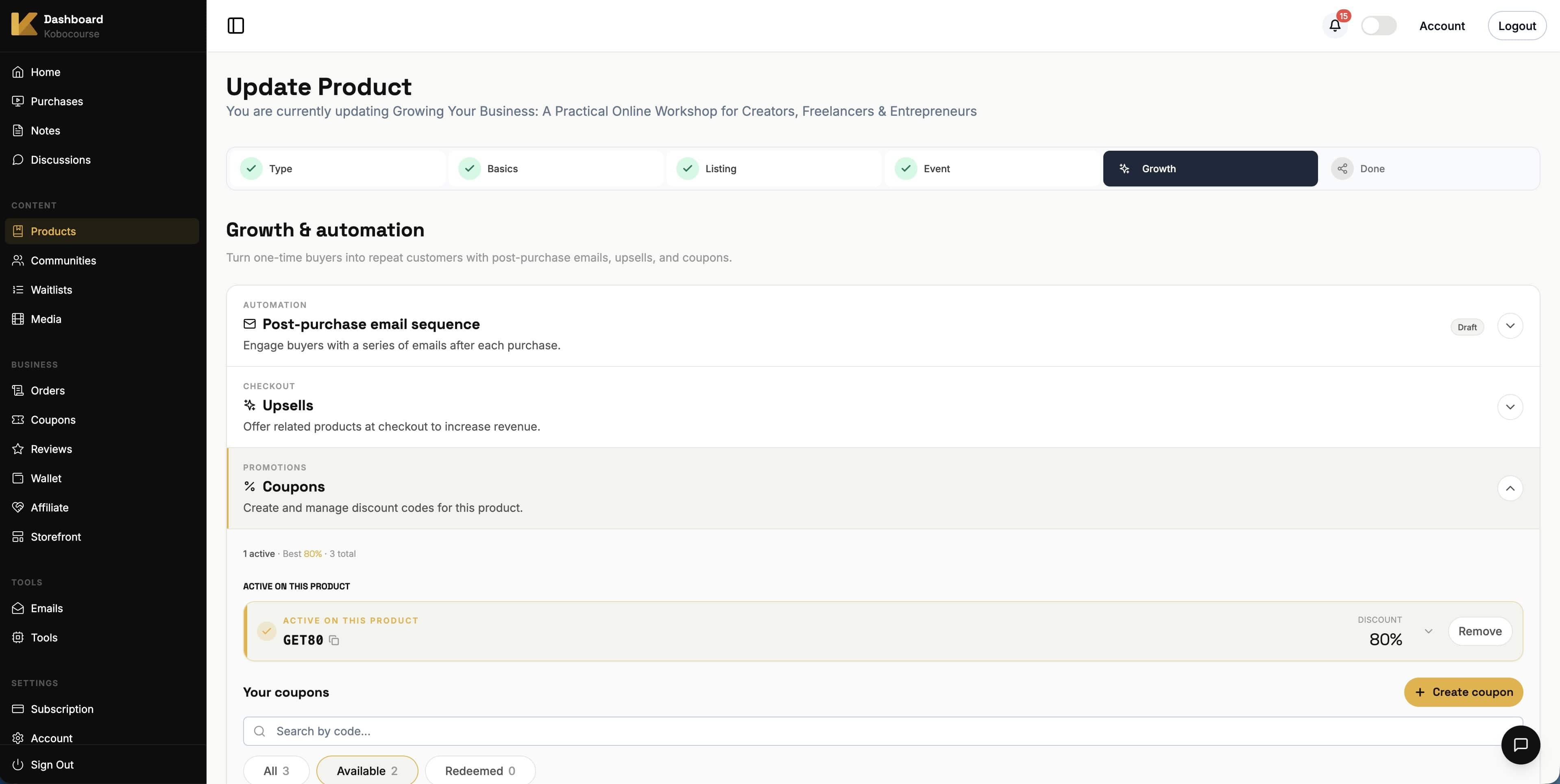 Event ticket growth step with upsells and coupons