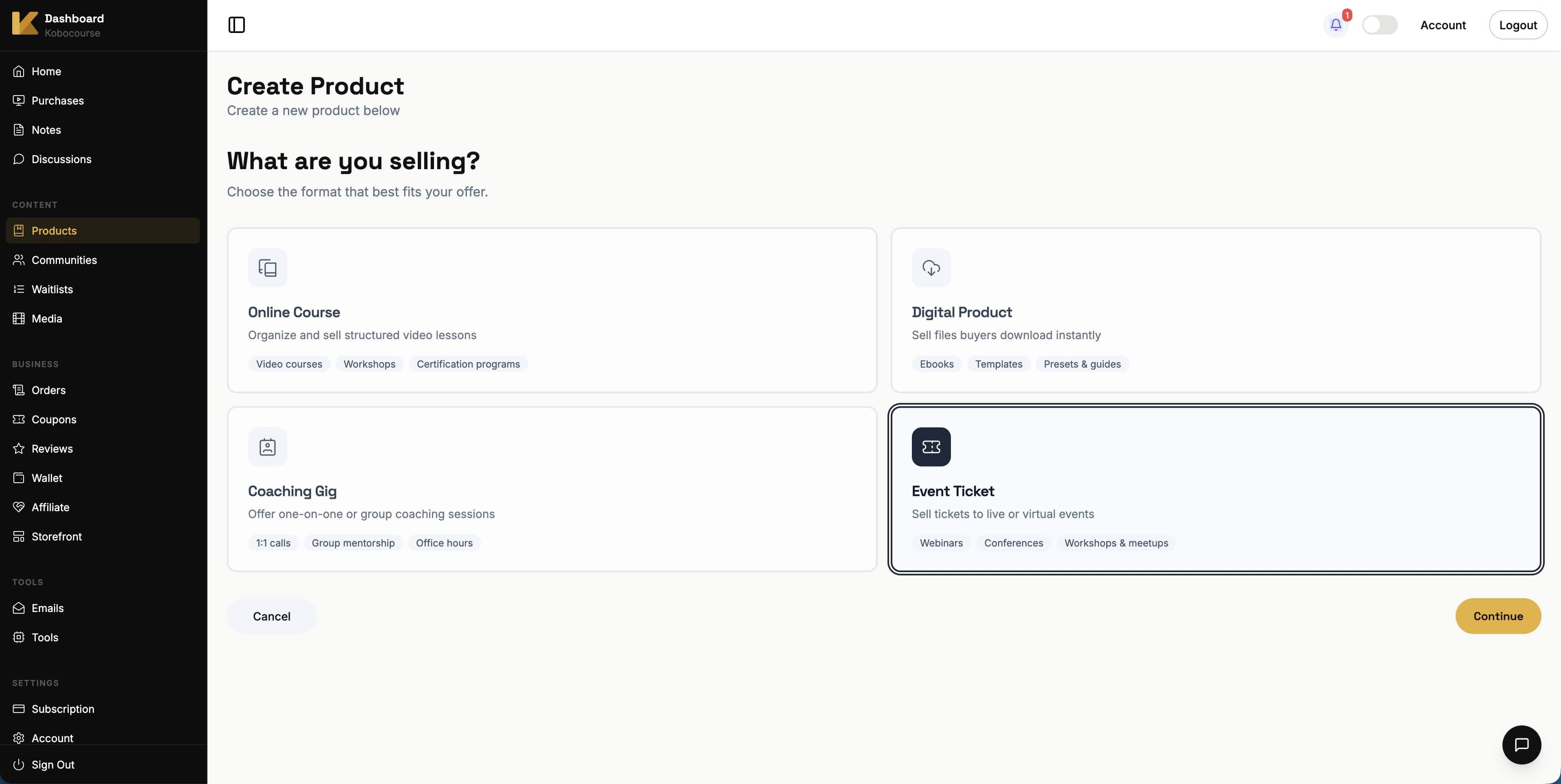 Selecting event ticket product type