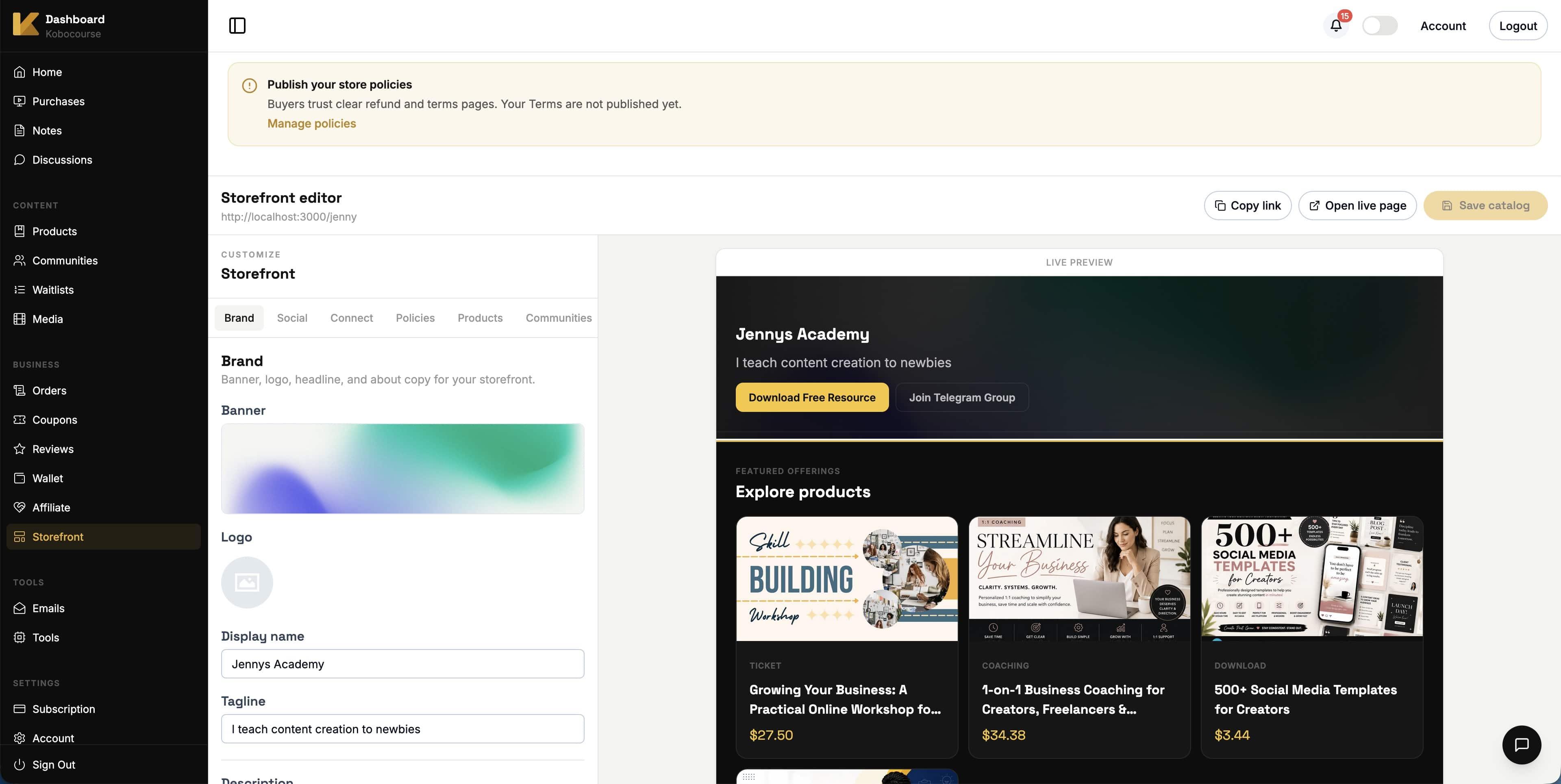 Brand tab with banner, logo, display name, and tagline fields