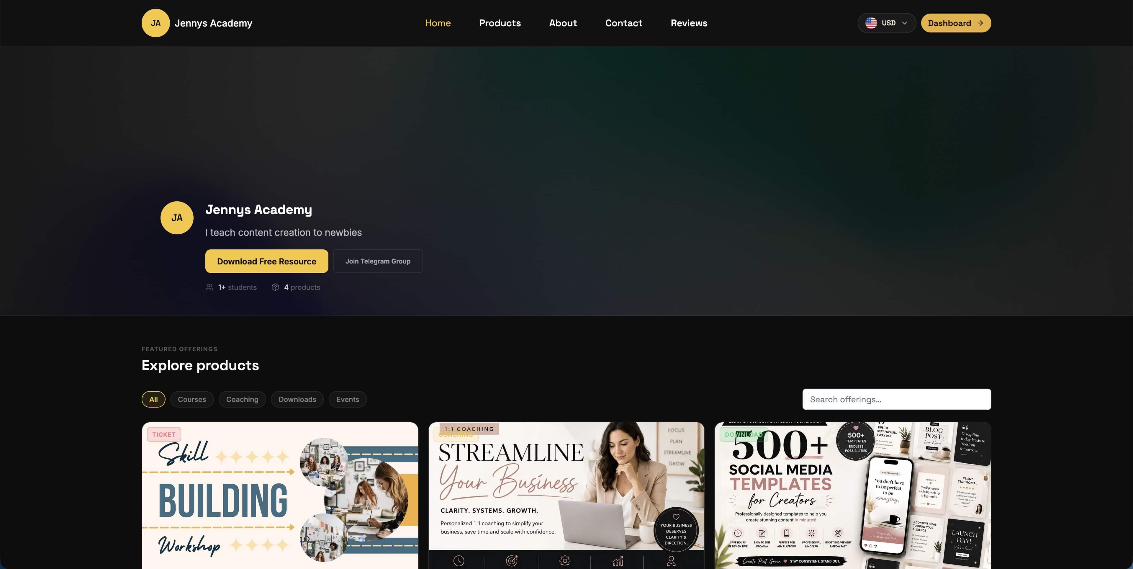 Public storefront with hero, product grid, and category filters