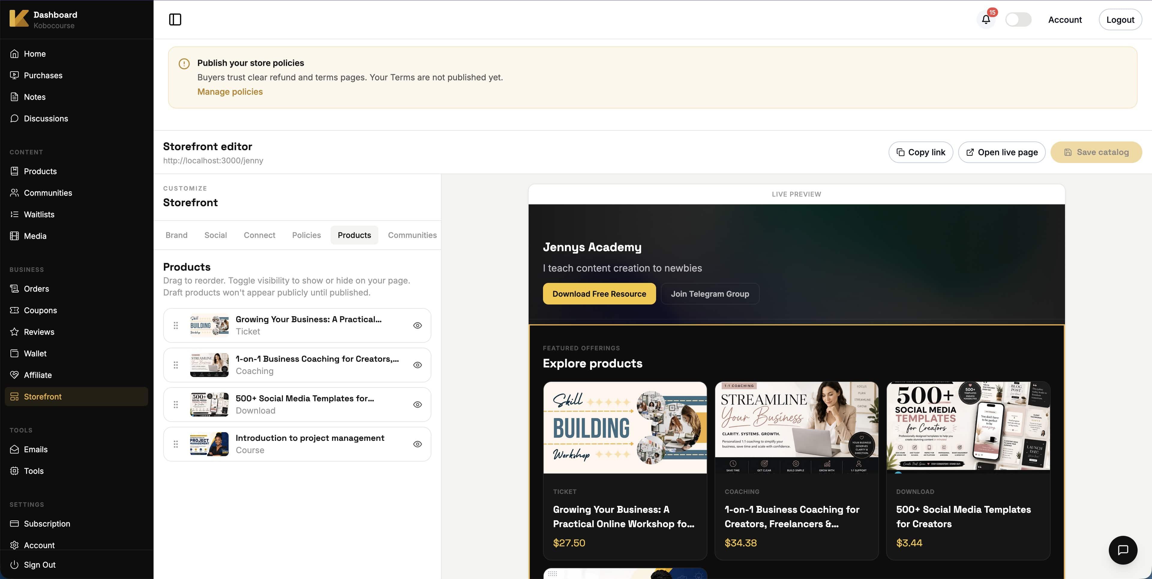 Products tab with drag-to-reorder list and catalog visibility toggles