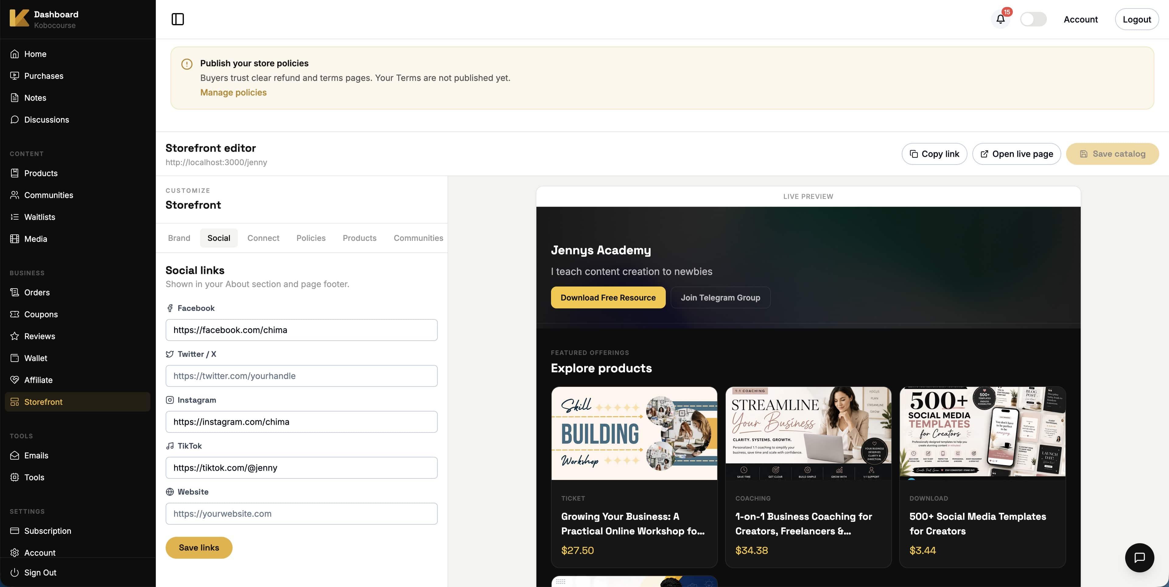 Social tab with Facebook, Instagram, TikTok, and website link fields